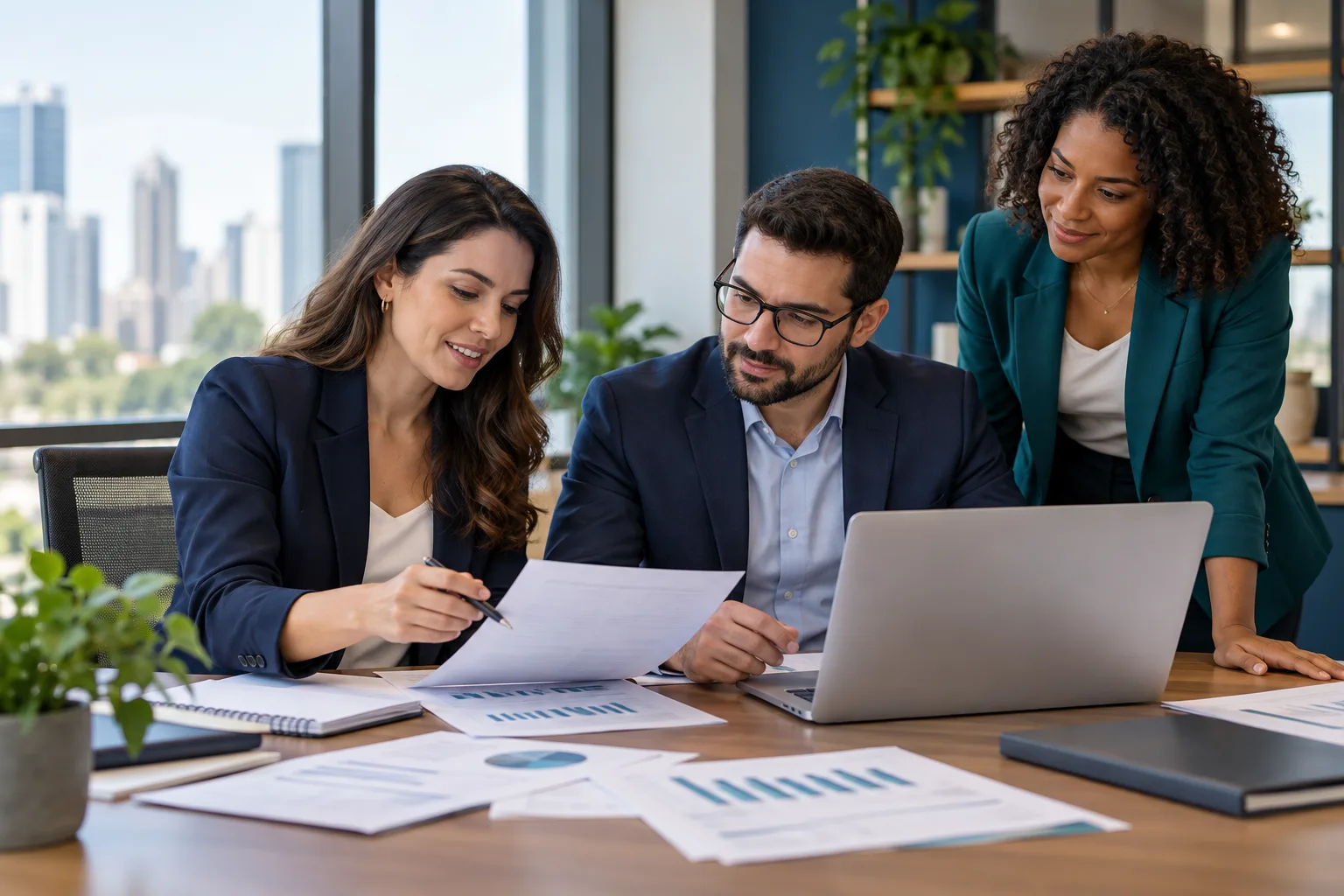 Equipe em reunião analisando documentos em um escritório contemporâneo