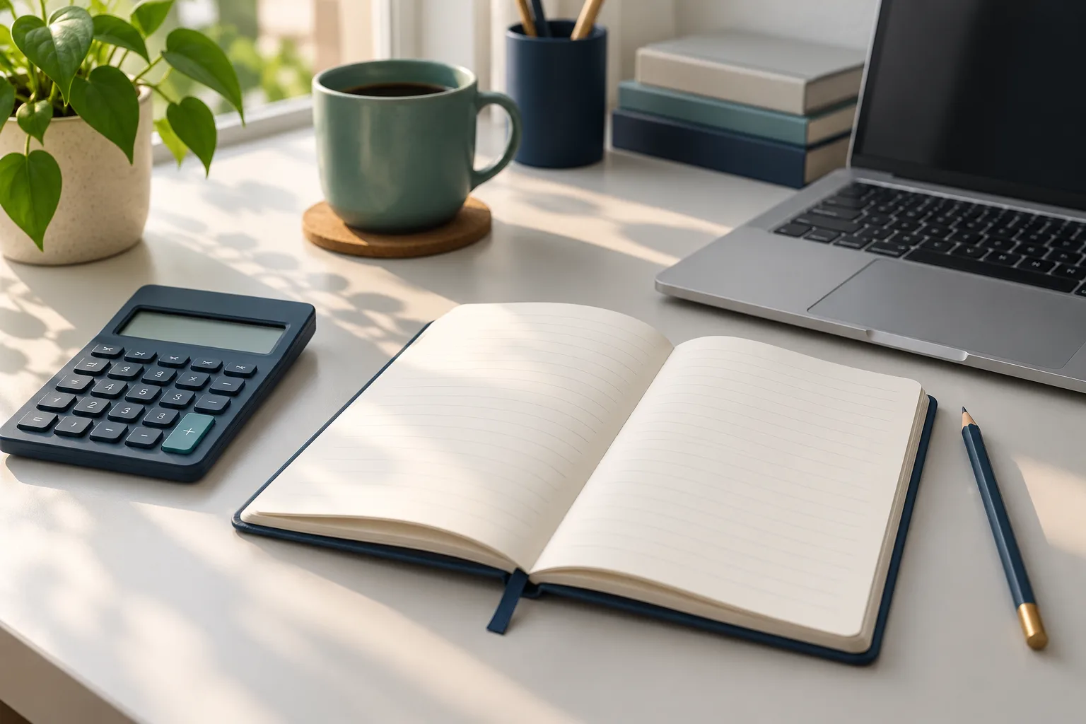 Calculadora, caderno e lápis em uma mesa organizada