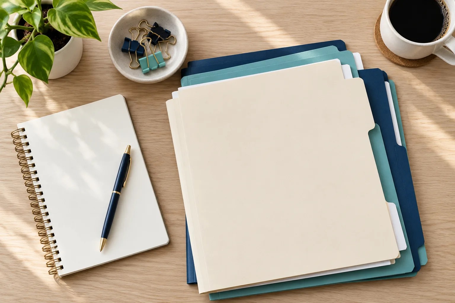 Pastas e caderno organizados sobre uma mesa de trabalho